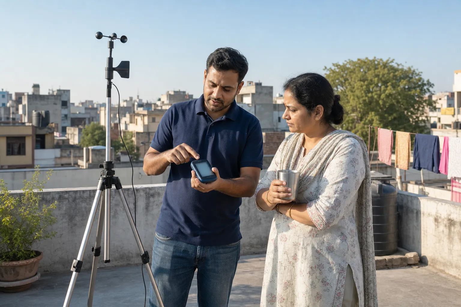 A GIVARA assessor and a homeowner on a sunny Indian terrace, reviewing a small tripod-mounted wind-measurement instrument together — measurement before any quote.
