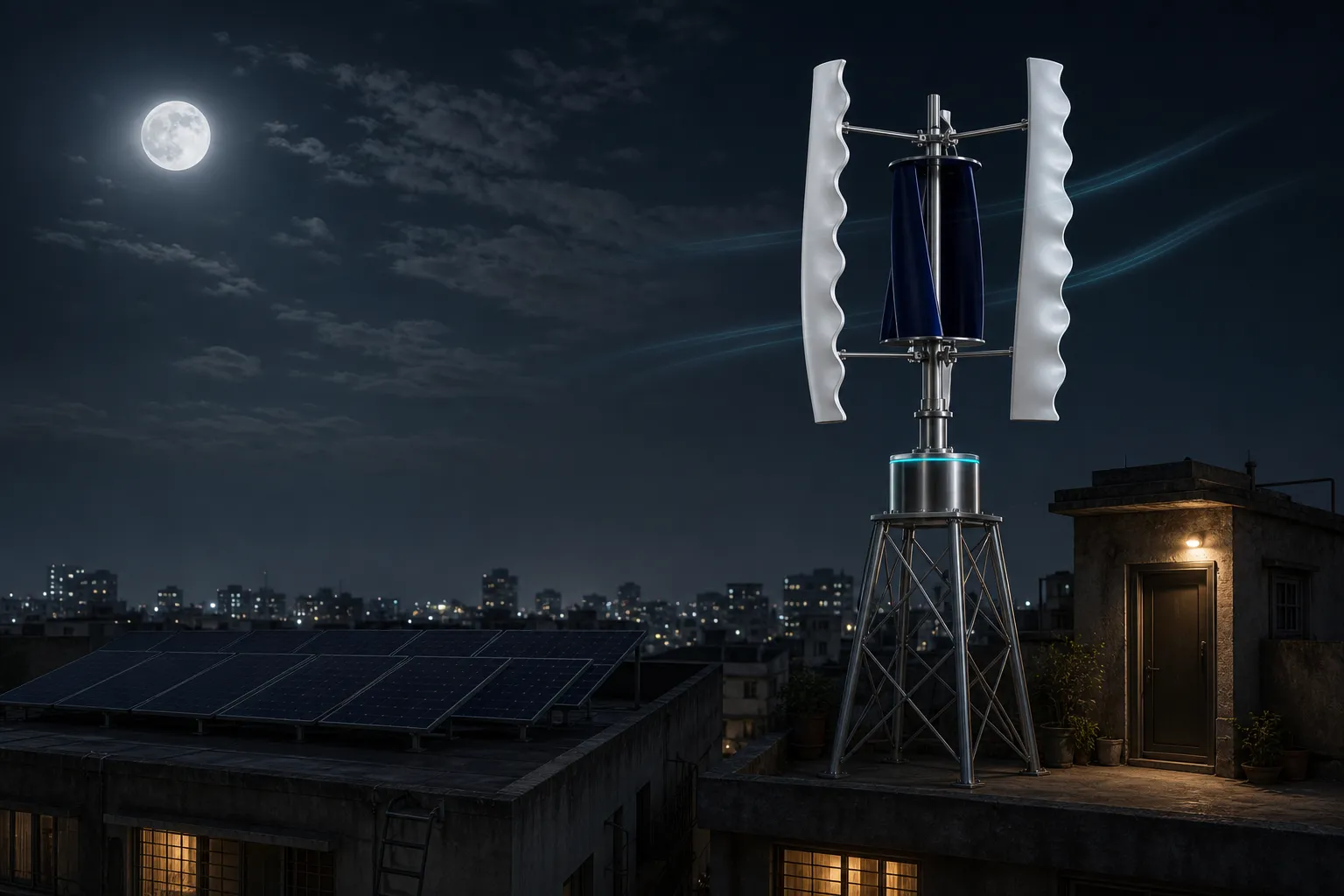 Split night scene — rooftop solar panels dark in the night while a GIVARA ONE wind machine turns above a lit home.