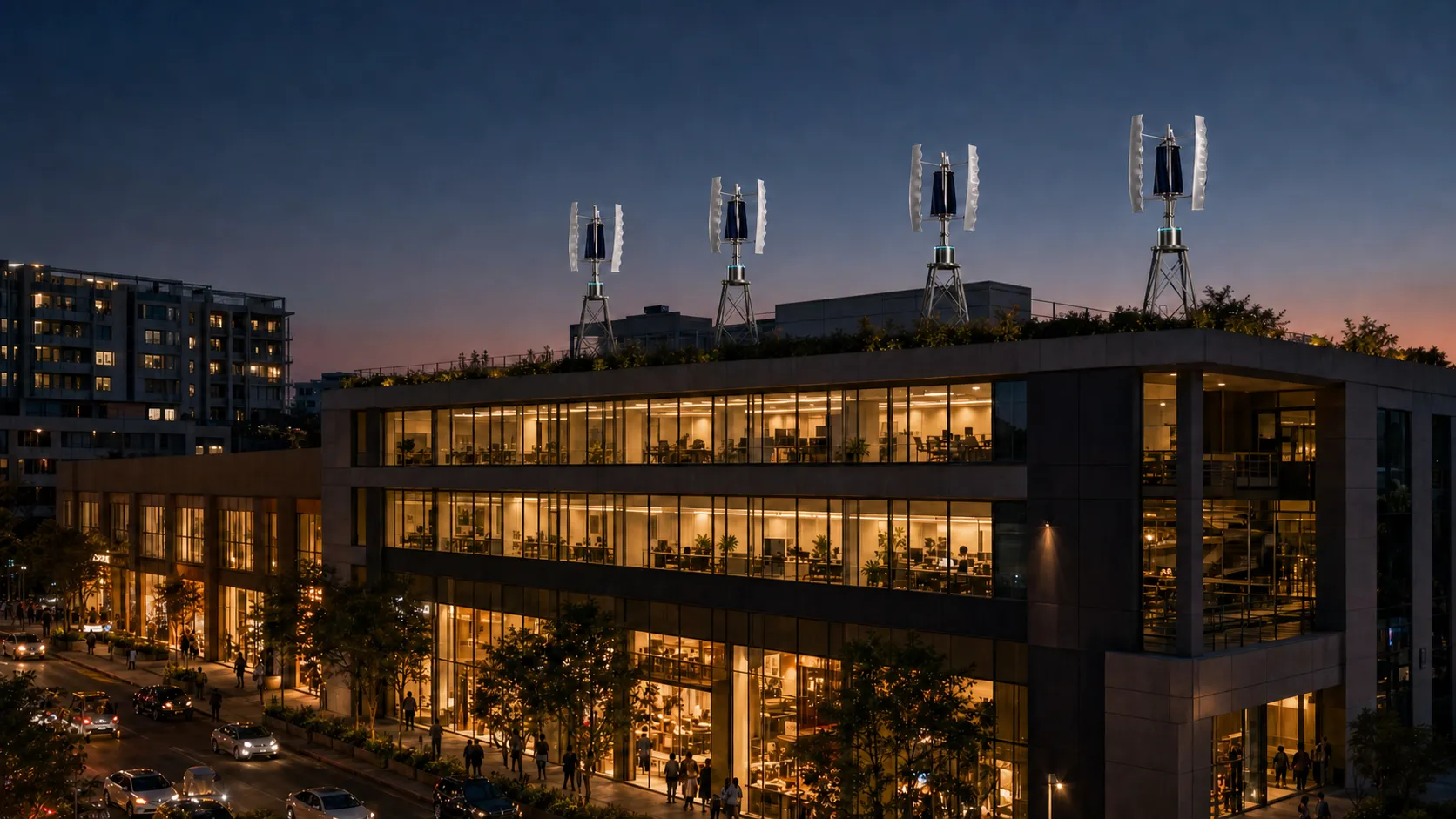 A mixed-use office building at dusk with four Classic White GIVARA ONE turbines on its main roof.