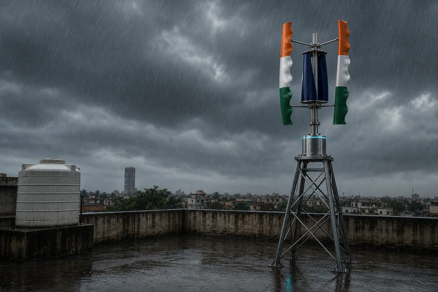 A GIVARA ONE wind machine turning on an Indian rooftop through grey monsoon weather.