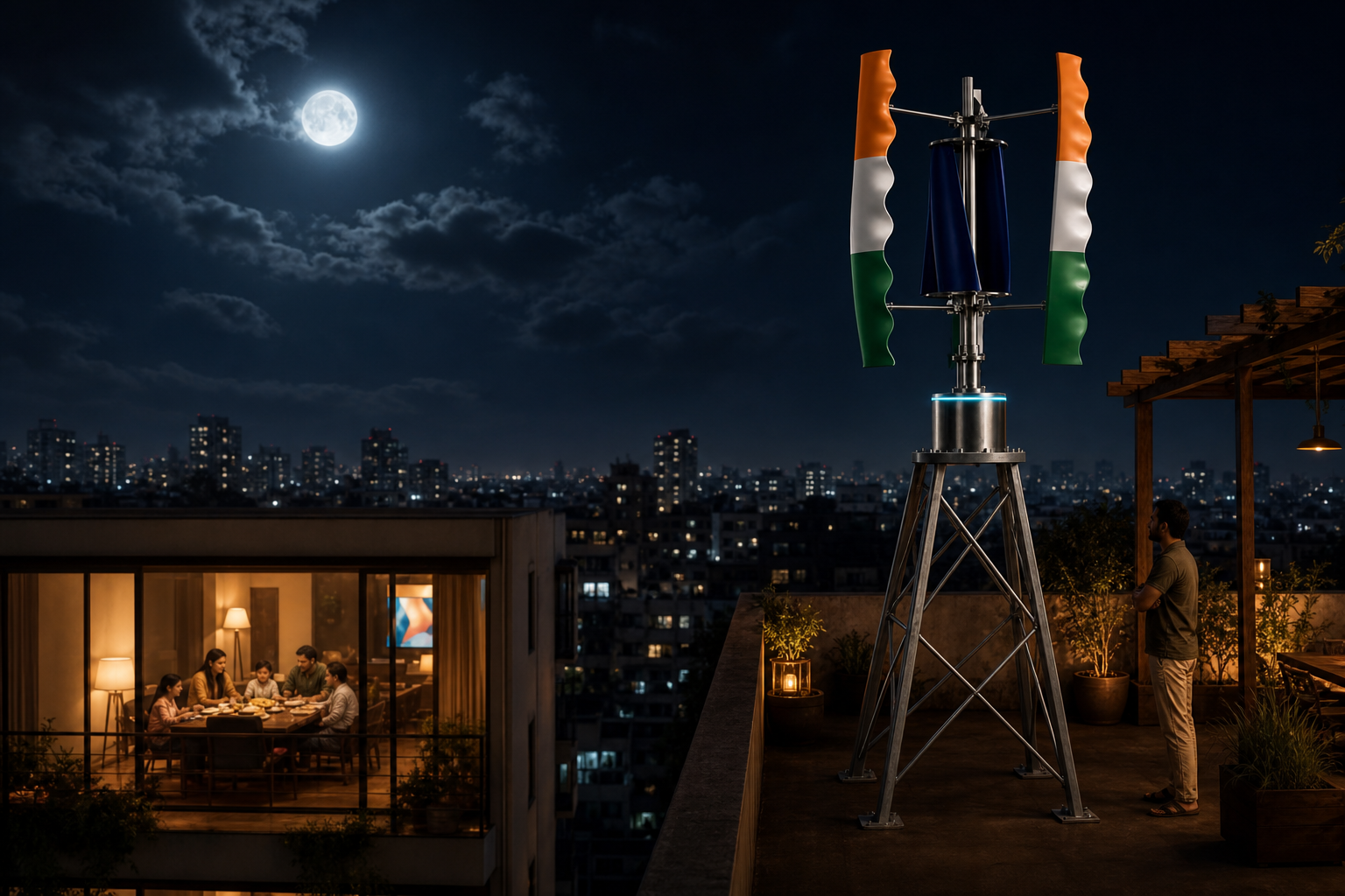 GIVARA ONE on a lived-in rooftop at night, with the city glowing beyond