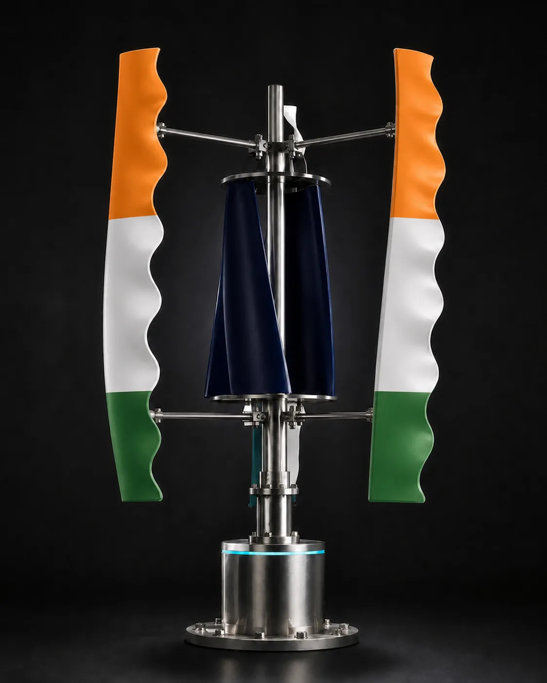 GIVARA ONE in tricolour — saffron, white and green outer blades around its deep-indigo inner rotor — studio shot of the vertical-axis machine.