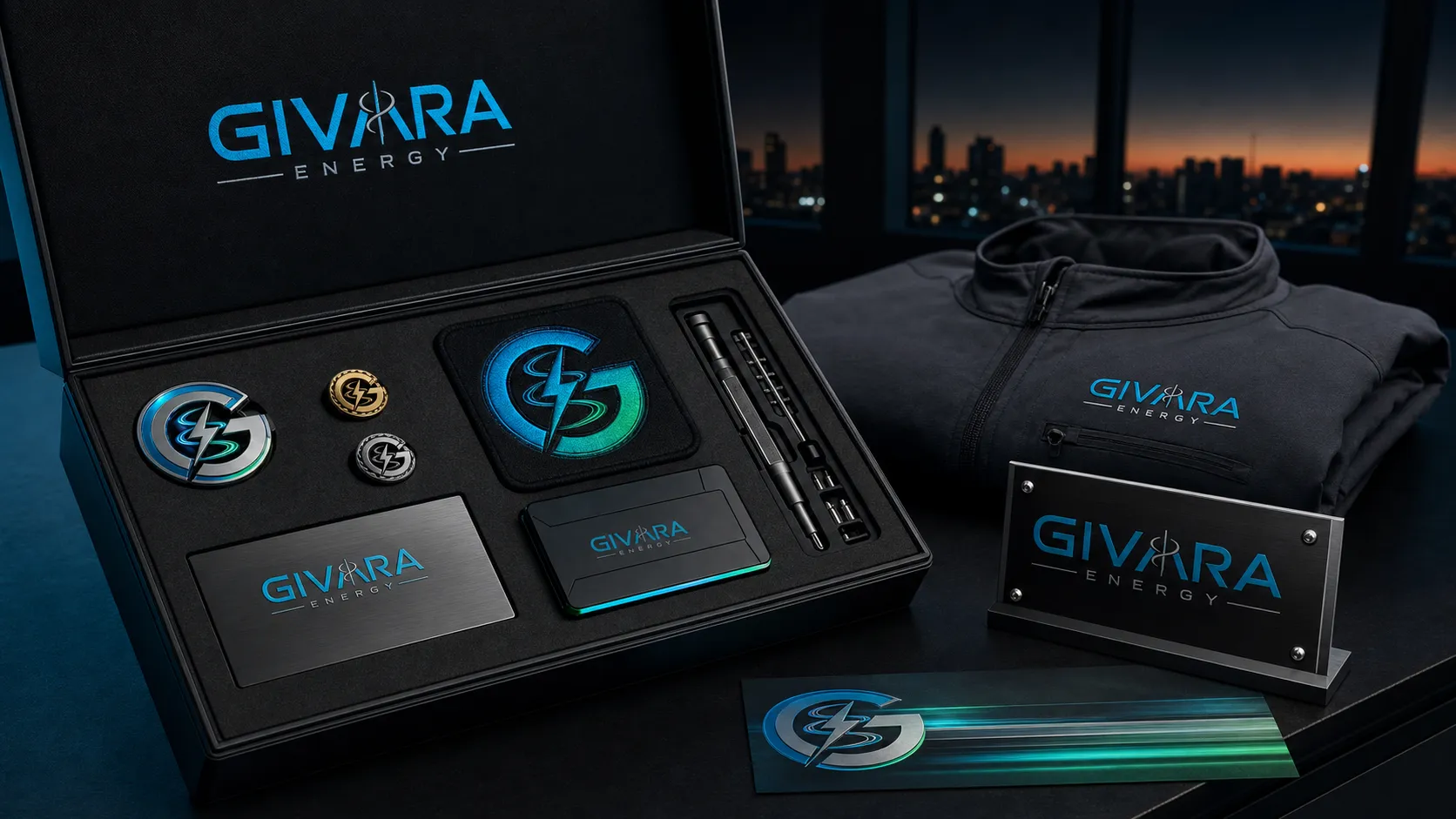 Concept presentation of GIVARA partner field identity: regalia in a fitted case, a dark partner jacket and a desk card holder.