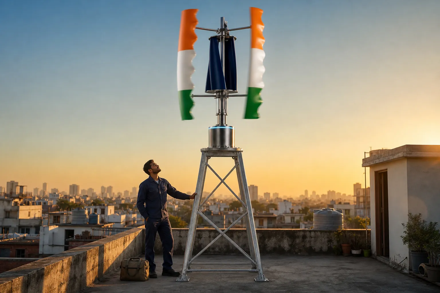 A certified installer at dawn at the base of a GIVARA ONE rooftop wind machine.