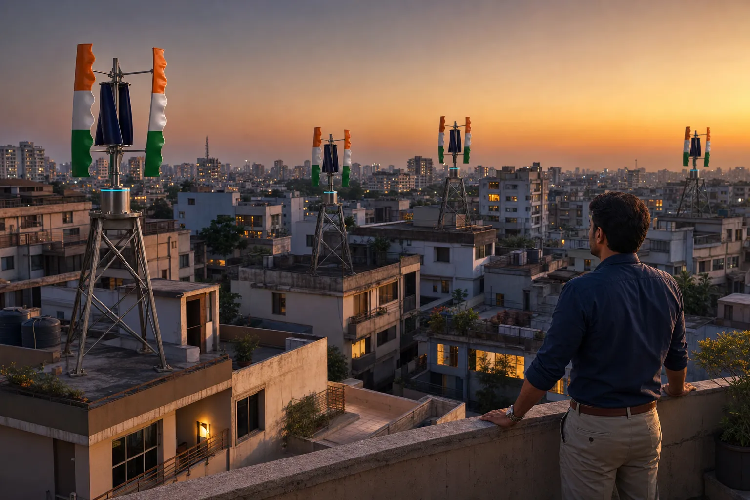 A territory partner surveying his district at dusk, GIVARA ONE machines spinning on the rooftops below.