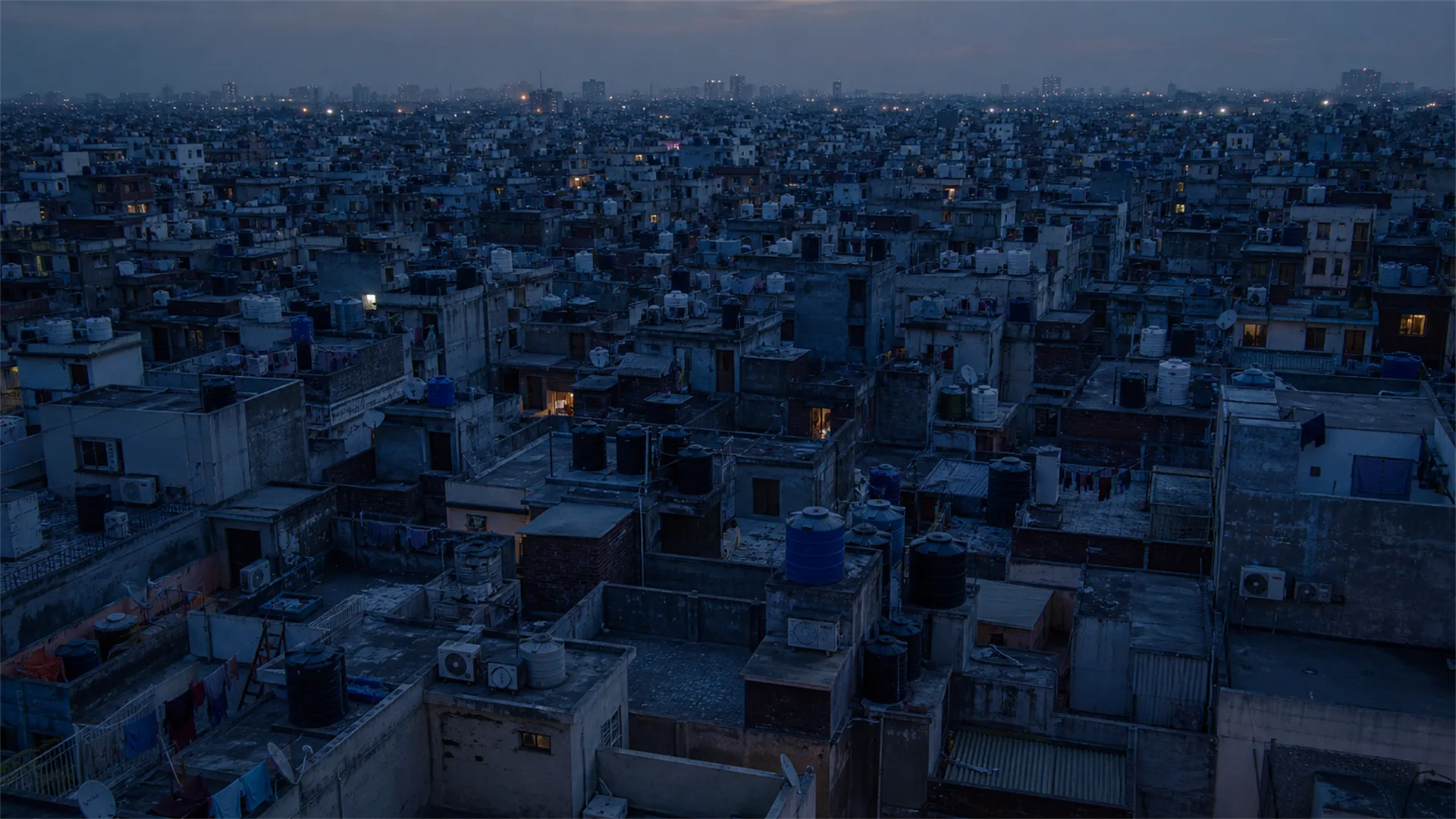 A broad field of Indian rooftops at dusk, showing many different kinds of sites beneath the same moving air.