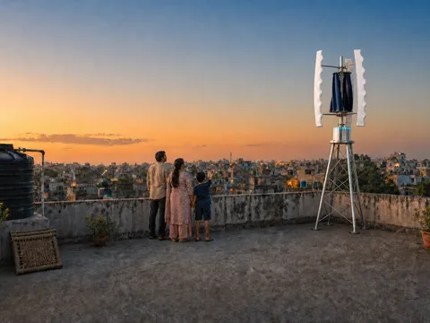 An Indian family on their terrace at dusk watching a GIVARA ONE wind machine turning at the far parapet.