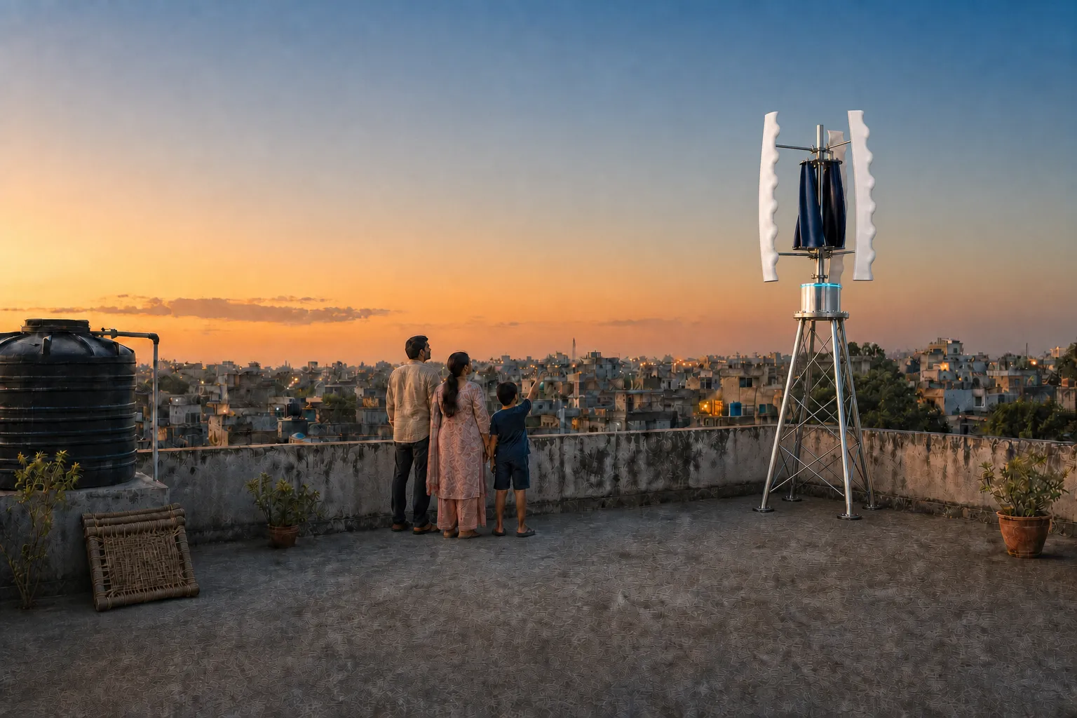 An Indian family on their home terrace at golden dusk, watching a GIVARA ONE wind machine turning at the far parapet, its cyan drum ring glowing against the evening sky.
