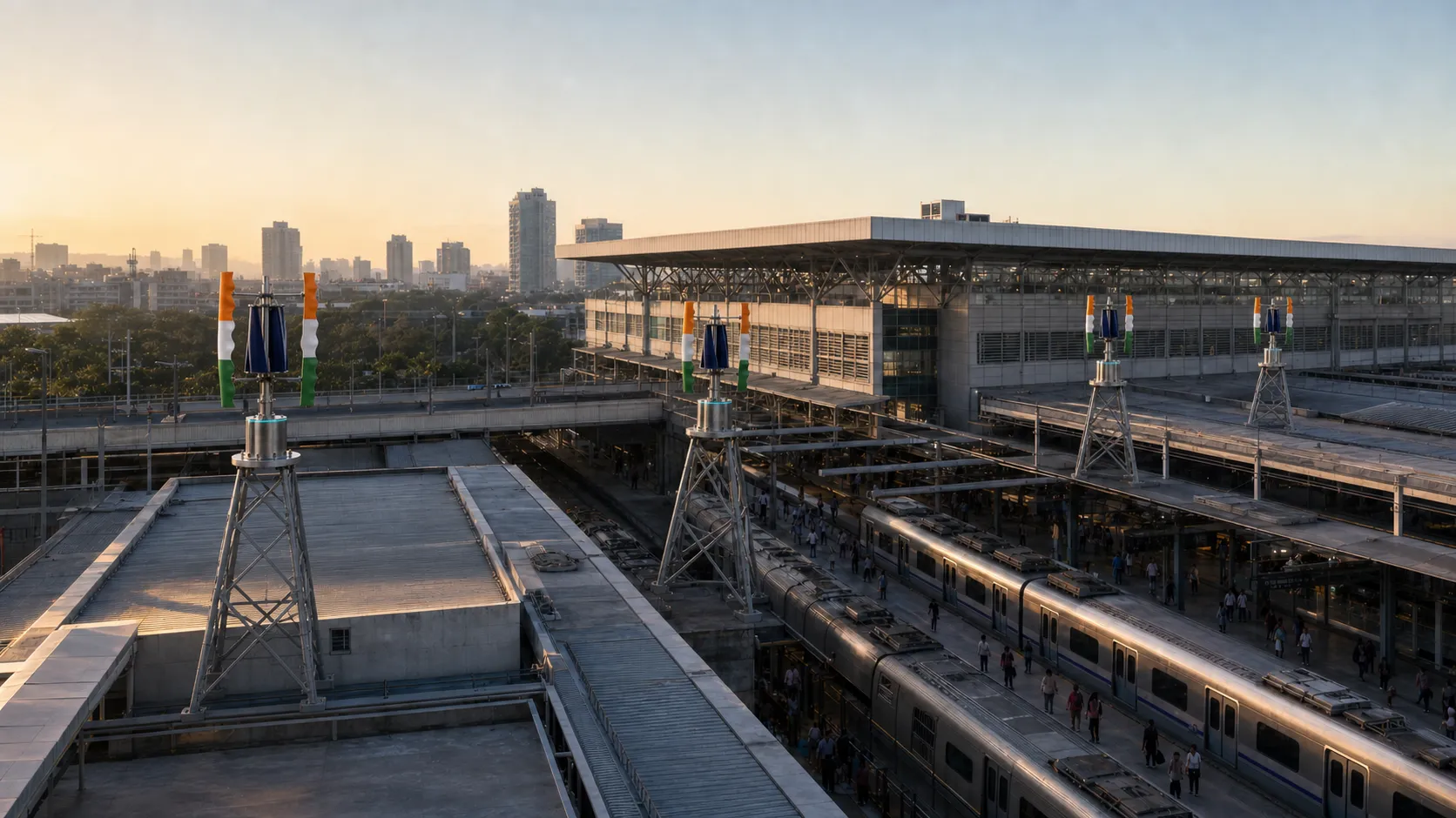 An Indian rail or metro depot with a small cluster of Tricolor GIVARA ONE turbines above the main building.