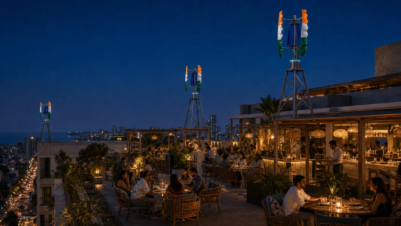 A rooftop café at blue hour with diners and three Tricolor GIVARA ONE turbines on dedicated roof stands.