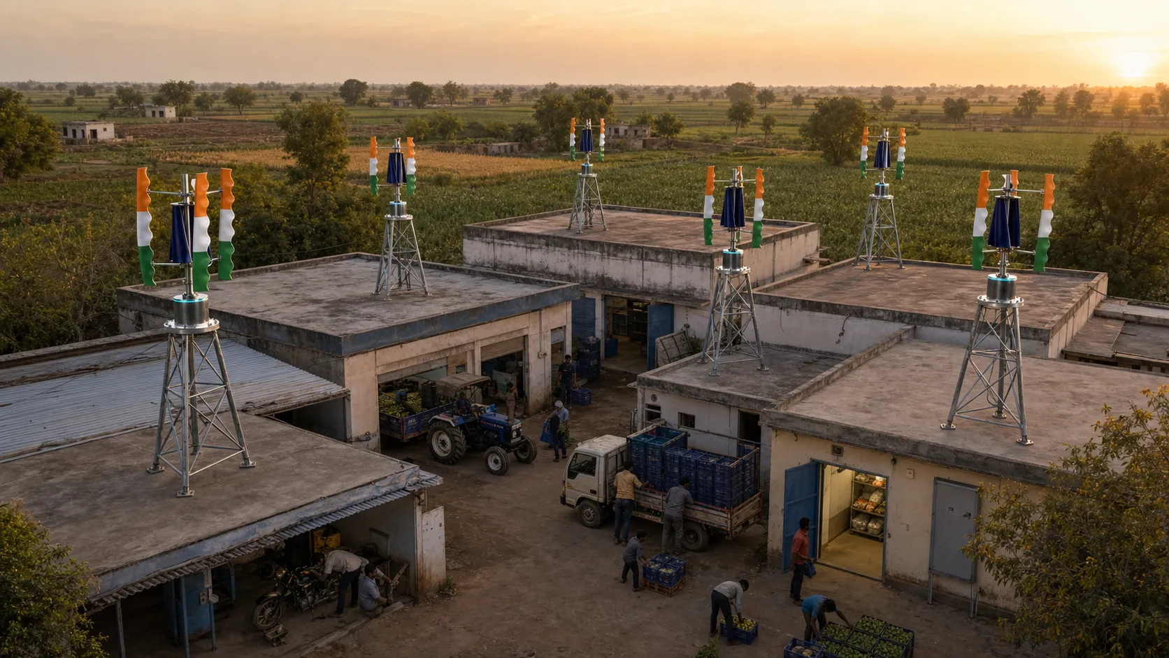 A cluster of rural enterprise buildings at sunset with multiple Tricolor GIVARA ONE turbines.