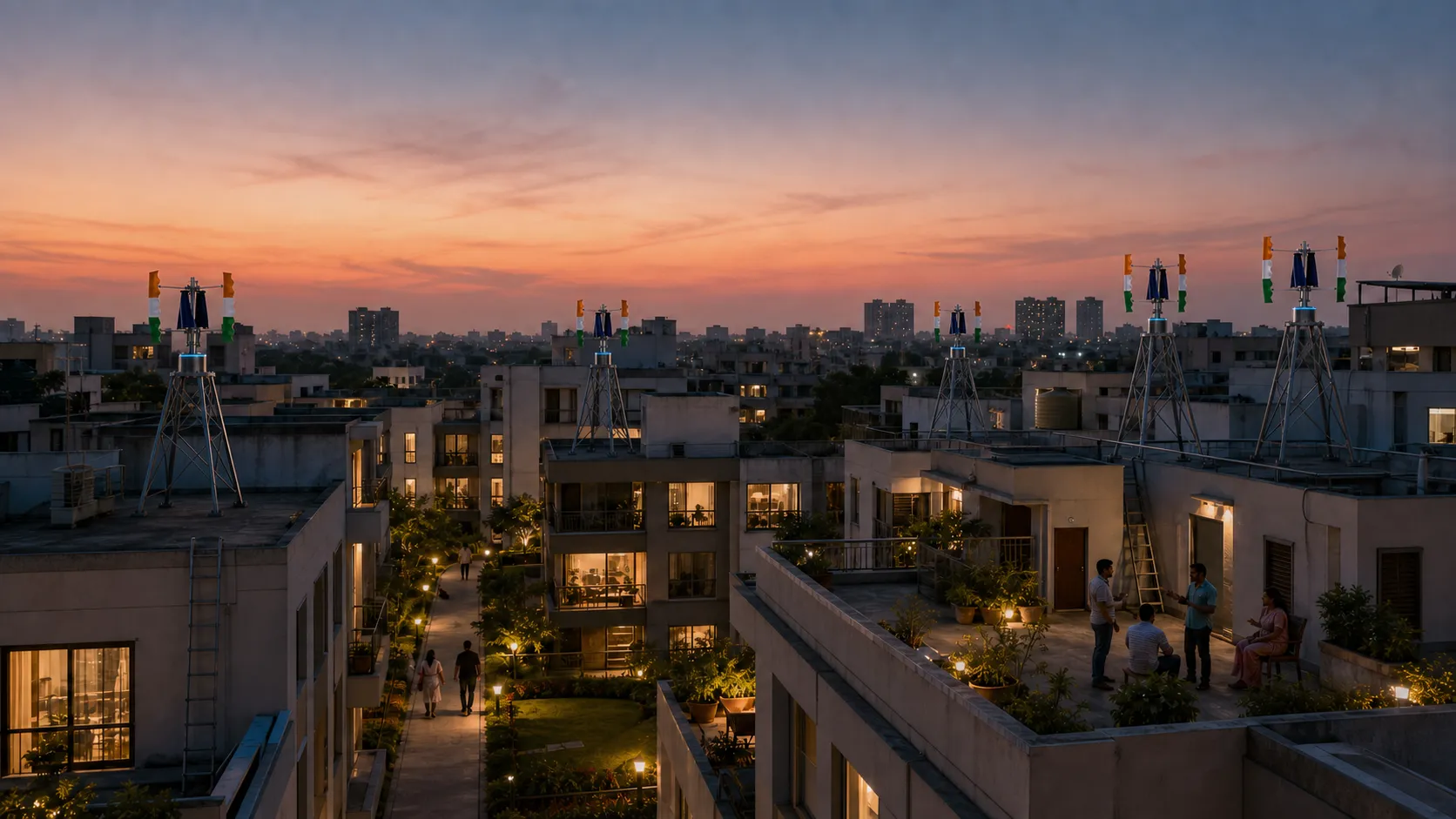 An apartment society at dusk with several Tricolor GIVARA ONE turbines across common-roof areas.
