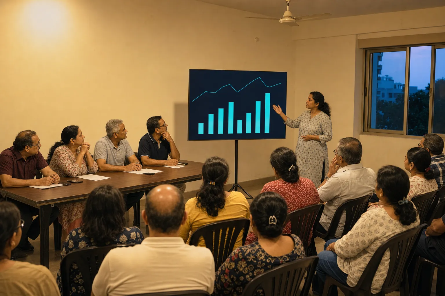 A society general-body meeting in a compound hall, a presenter at the front gesturing at an abstract wind-data chart on a screen while committee members and residents look on.
