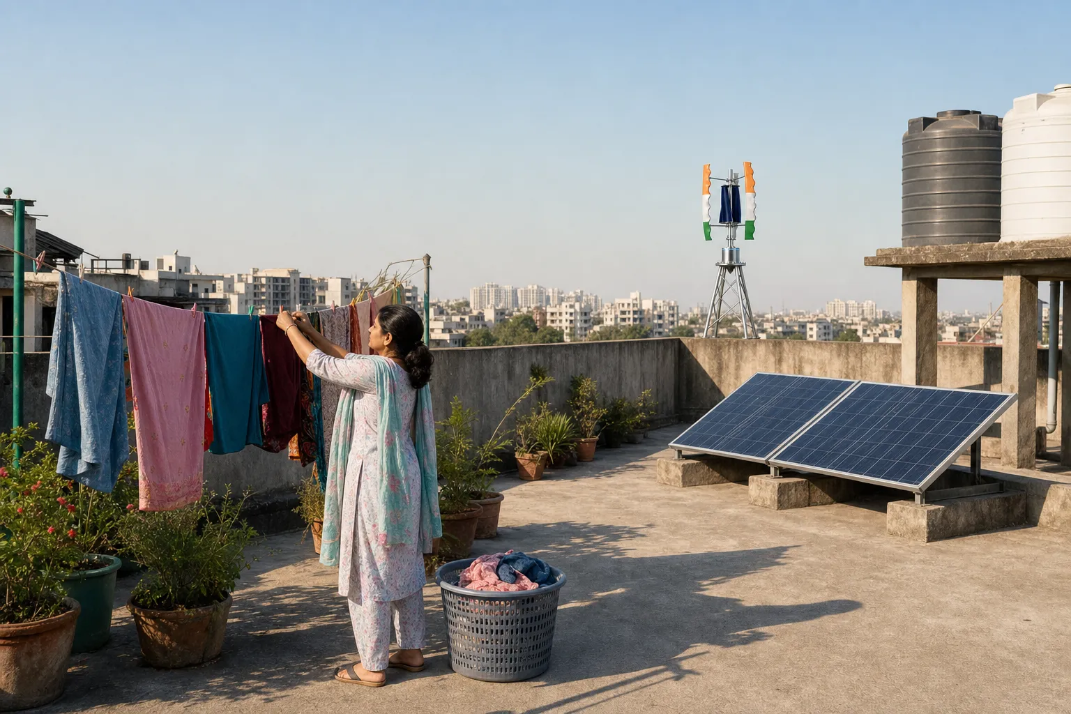 A housing society terrace in daily use — a resident pinning laundry to a drying line, potted plants and an existing solar array around her, and one GIVARA ONE wind machine in tricolour livery standing at the far parapet corner against the sky.