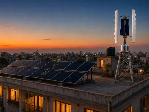 An Indian rooftop at dusk — solar panels resting after their day while a GIVARA ONE wind machine turns in the far corner.