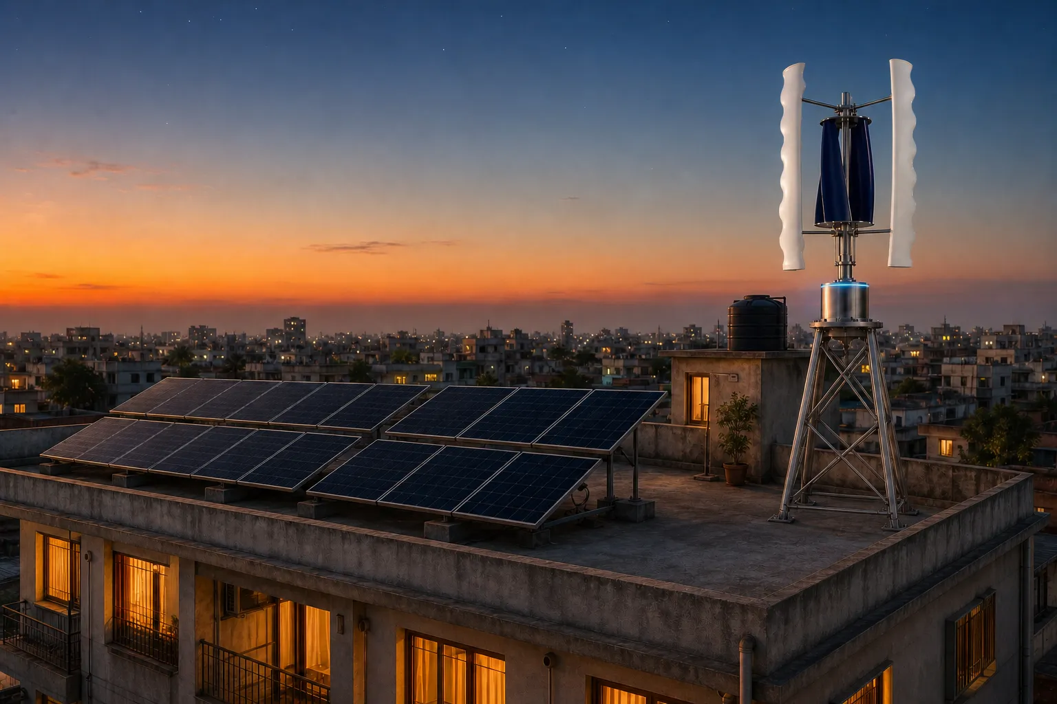 An Indian home rooftop just after sunset — a solar array resting in the fading light while a GIVARA ONE wind machine turns in the far corner against the dusk sky.