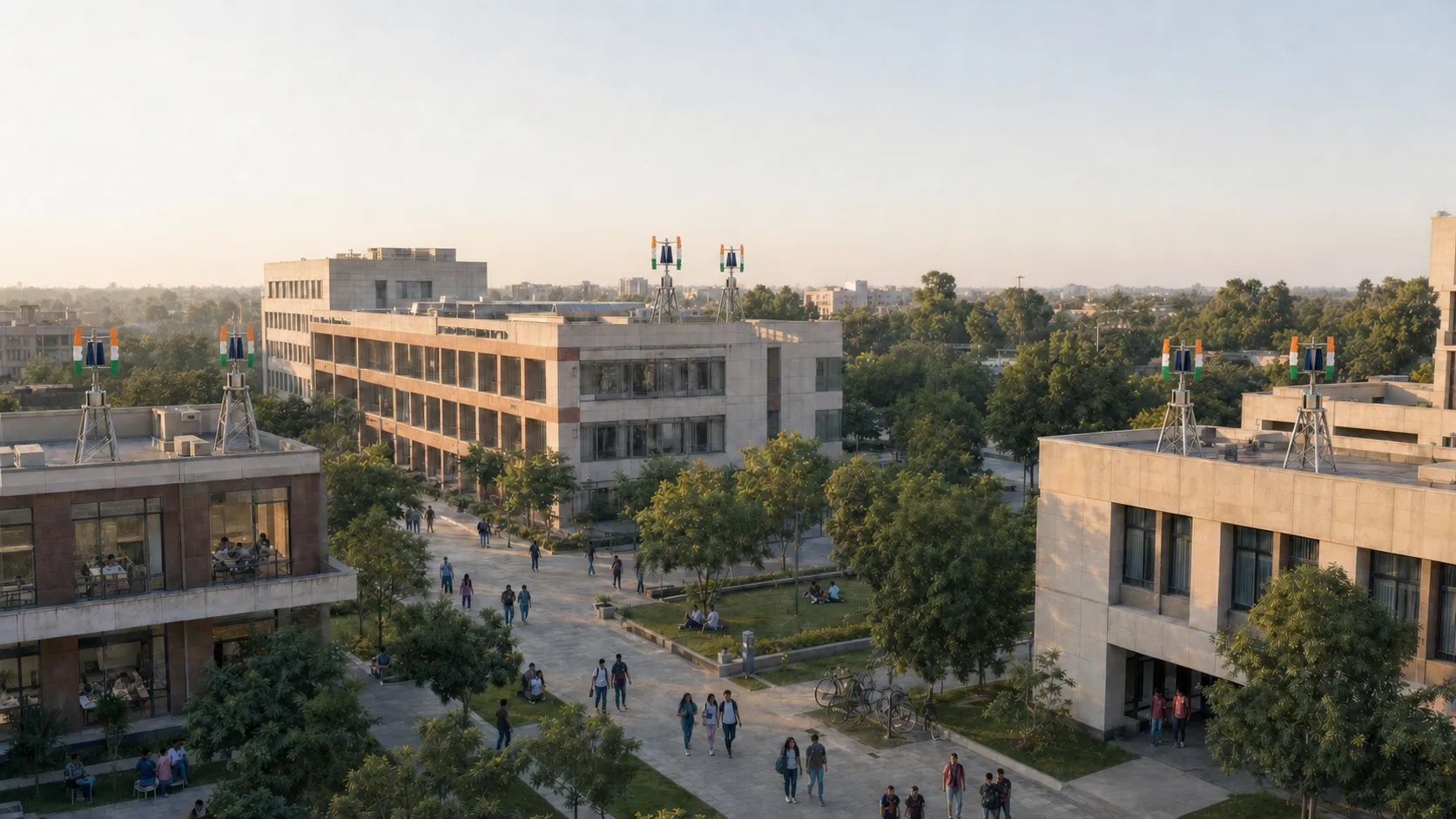 An Indian university campus with Tricolor GIVARA ONE clusters across several academic buildings.