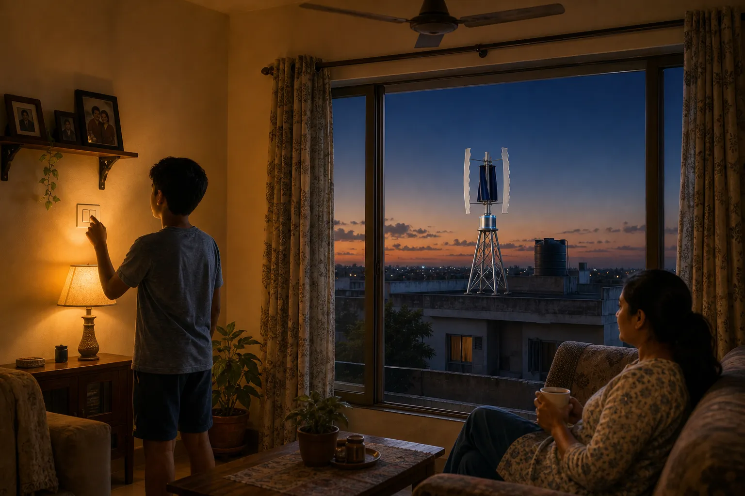 A warm Indian living room at dusk — a family member at the light switch — while a GIVARA ONE wind machine turns on the rooftop outside the window, its cyan ring glowing against the evening sky.