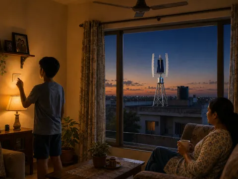 A warm Indian living room at dusk with a GIVARA ONE wind machine turning on the rooftop outside the window — the family flips the switch; the machine stays GIVARA’s job.