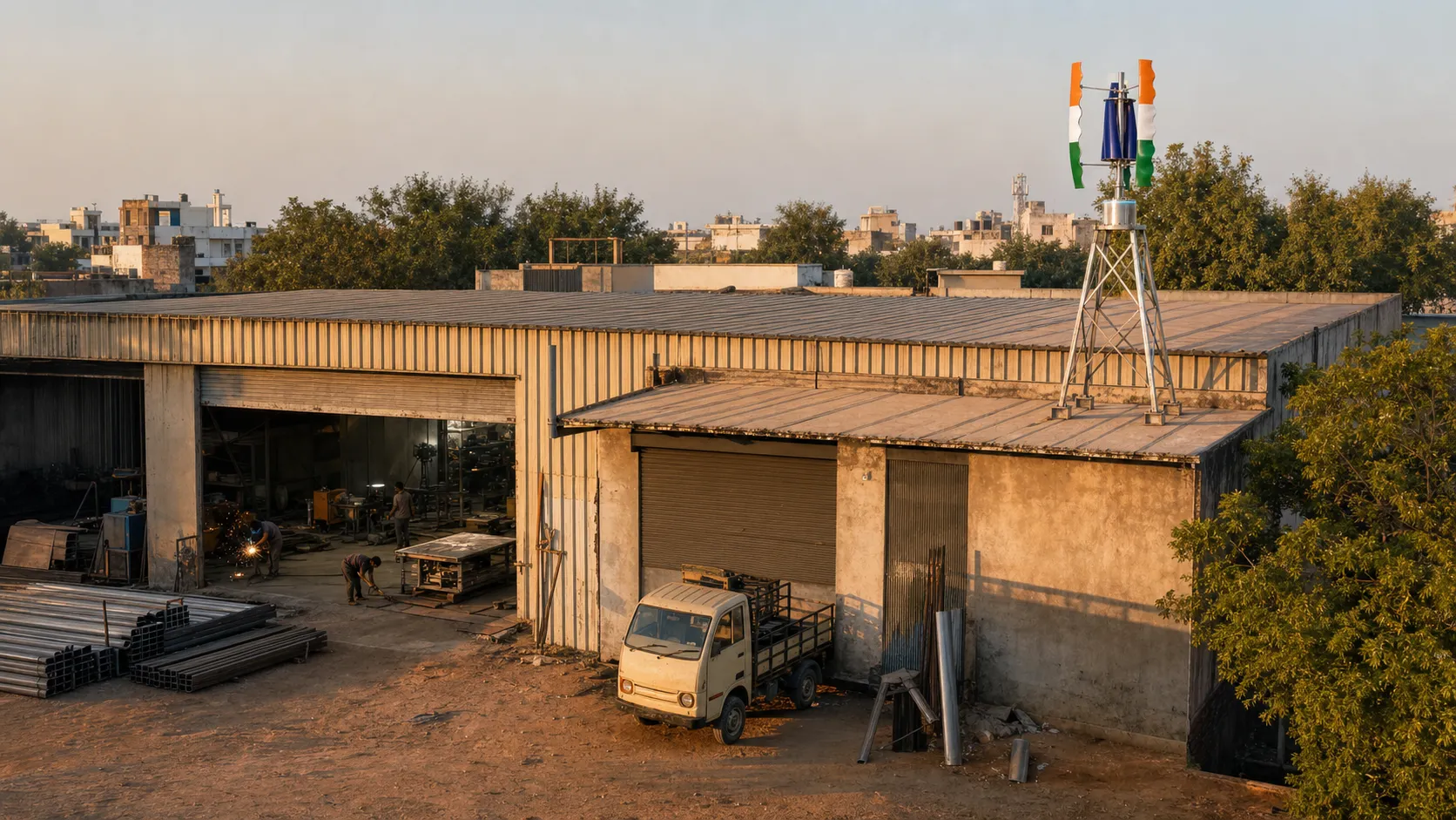 A working fabrication unit with one Tricolor GIVARA ONE turbine on a dedicated roof stand.