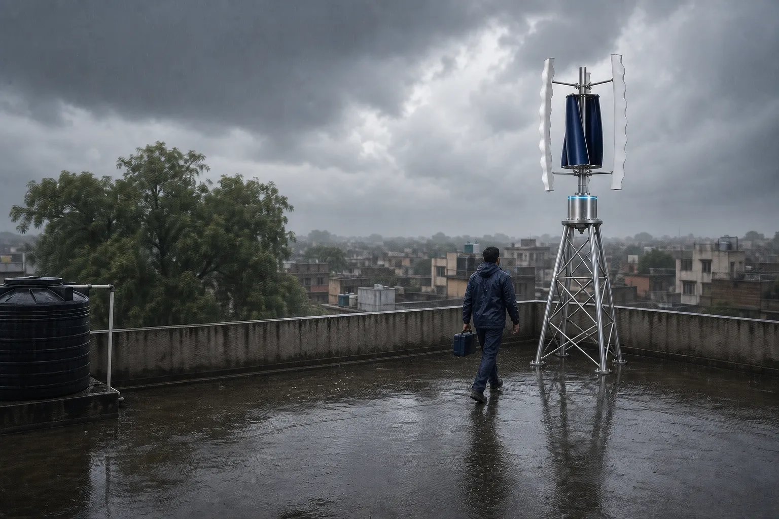 A GIVARA technician in rain gear crossing a wet Indian rooftop toward a GIVARA ONE wind machine after a monsoon storm — the machine intact, its cyan drum ring glowing under a grey sky.
