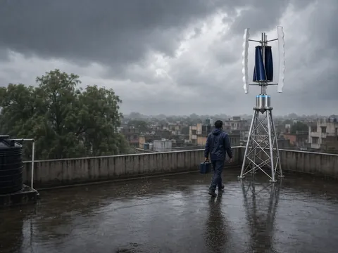 A GIVARA technician crossing a wet rooftop toward a GIVARA ONE wind machine after a monsoon storm — the repair is GIVARA’s to carry.