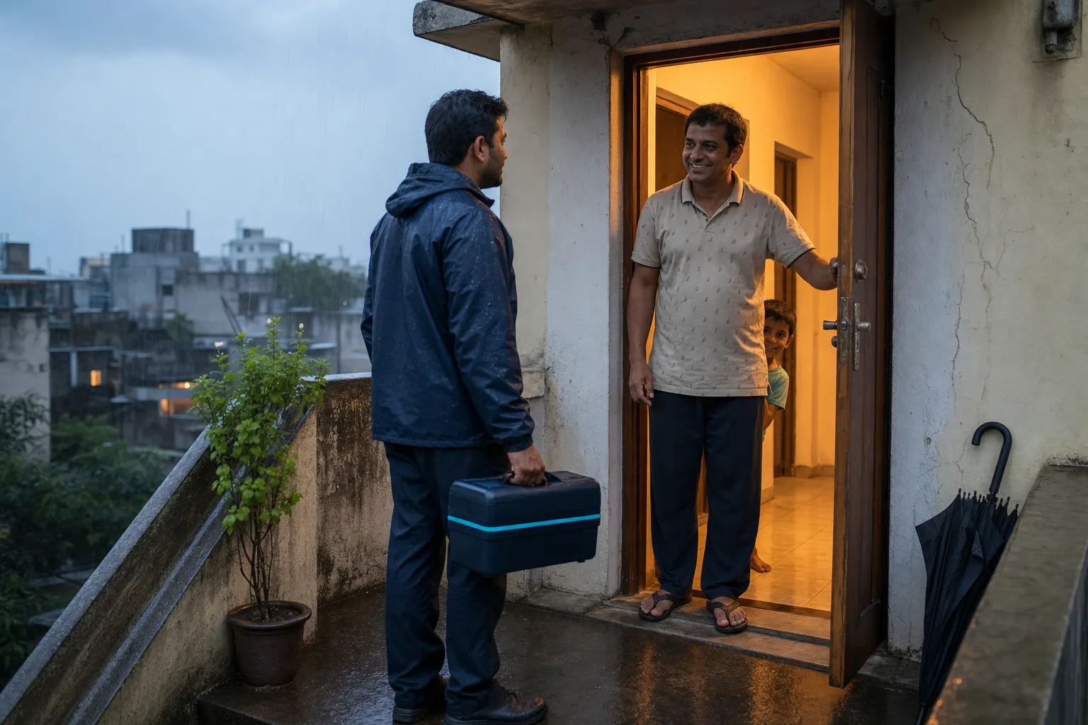 A GIVARA technician with a toolkit at an Indian home's rain-wet doorstep at dusk, welcomed by the homeowner in the warmly lit doorway.