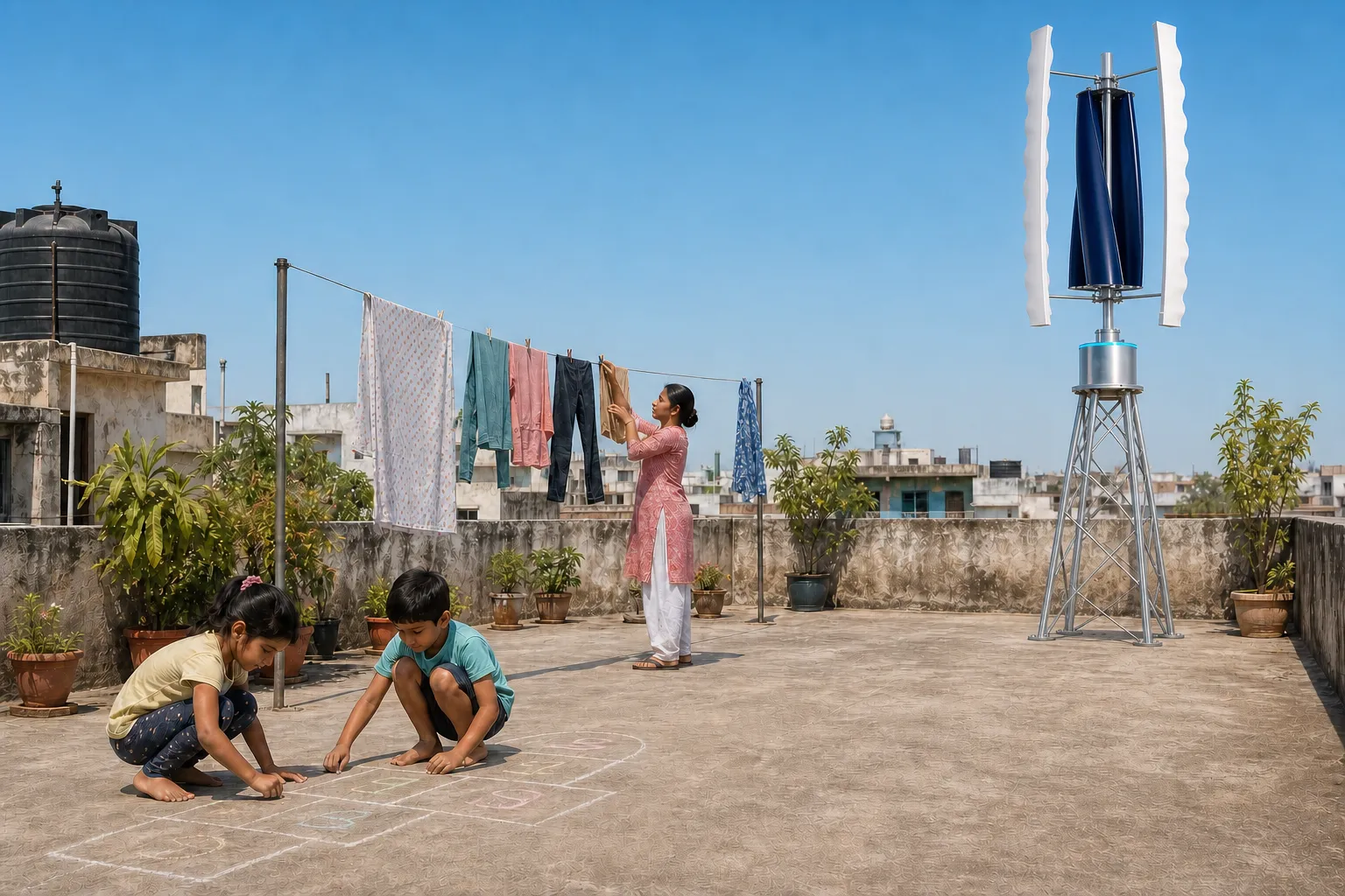 A sunlit Indian family terrace — children playing and clothes drying on their own line while a GIVARA ONE wind machine turns untouched at the far parapet.