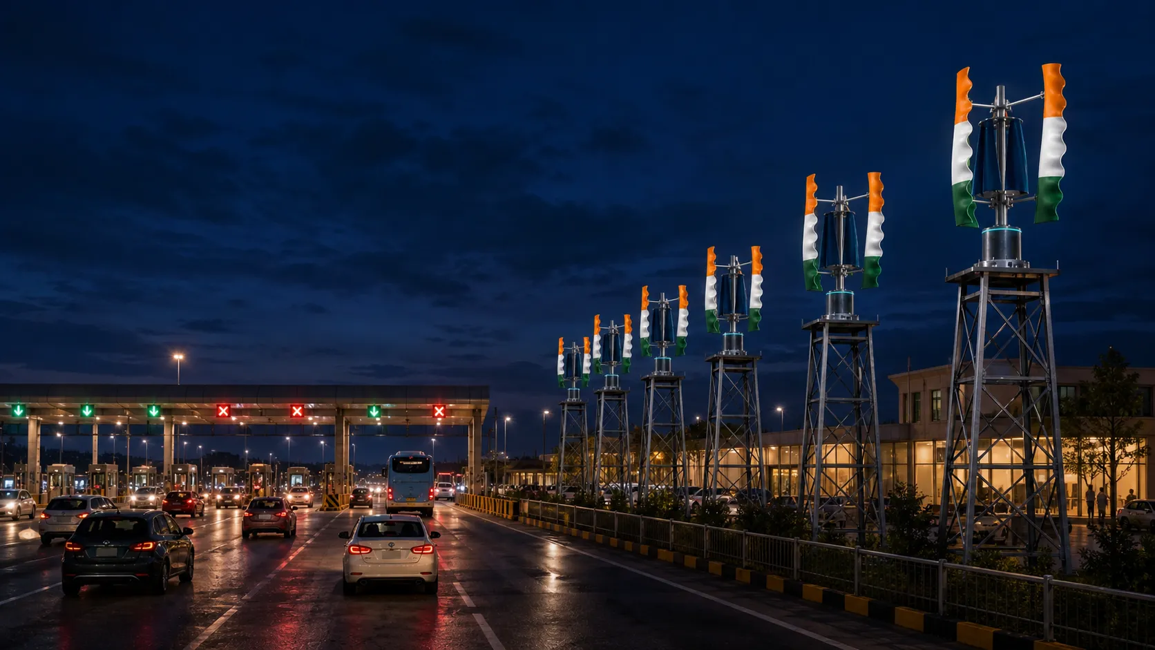 A highway service and toll facility at dusk with a row of Tricolor GIVARA ONE turbines on dedicated mounts.