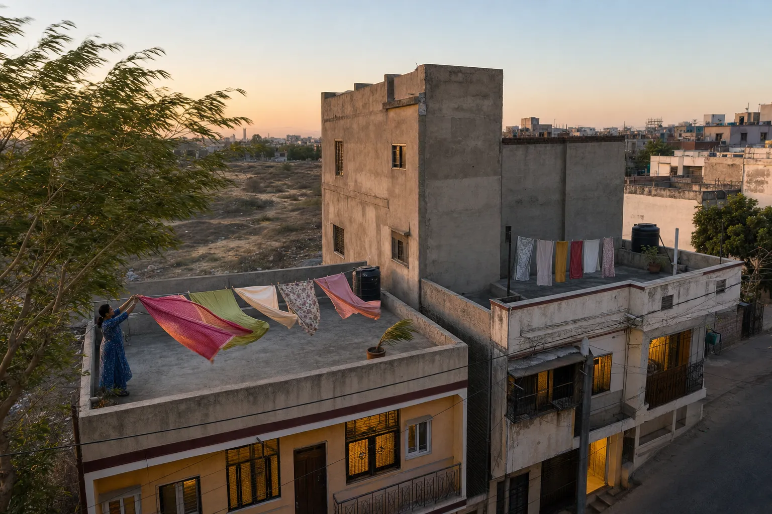 Two neighbouring Indian homes of similar height on one street at evening — washing billowing hard on the terrace with an open approach, while the laundry next door hangs still in the wind-shadow of a taller building.