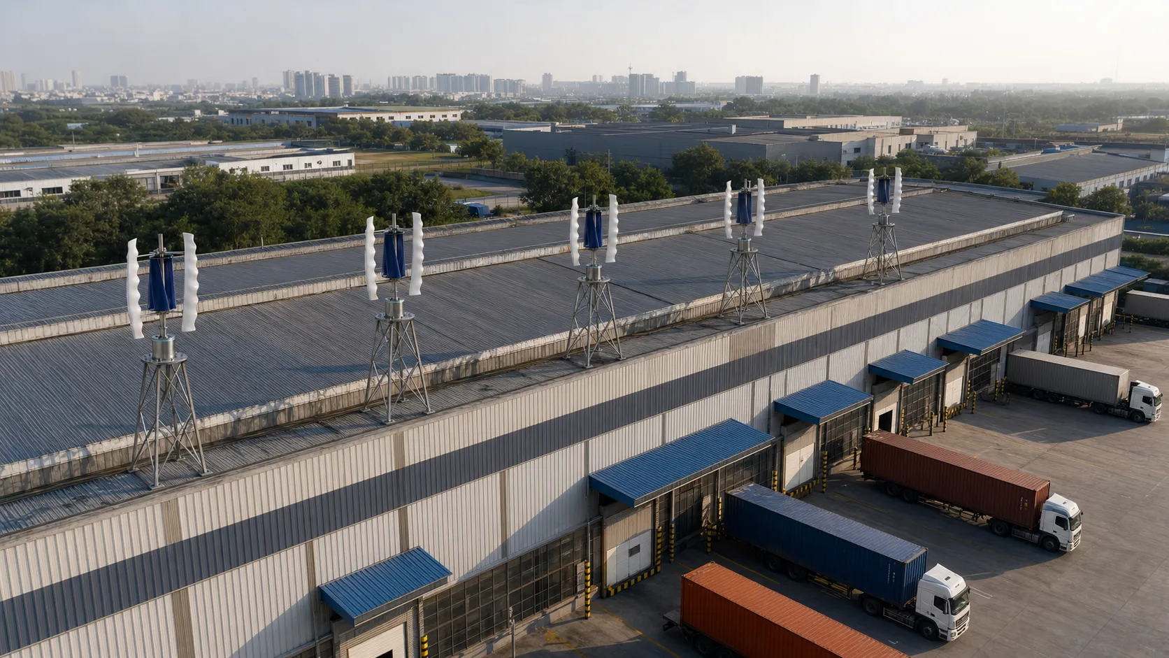 A warehouse distribution centre with trucks below and five Classic White GIVARA ONE turbines along the roof.