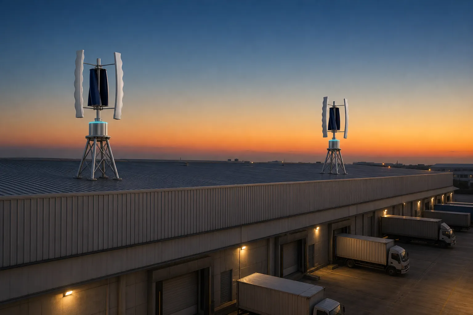 Two GIVARA ONE wind machines standing on the roof edge of a large Indian distribution centre at dusk, trucks parked at the loading docks below and yard lights coming on.