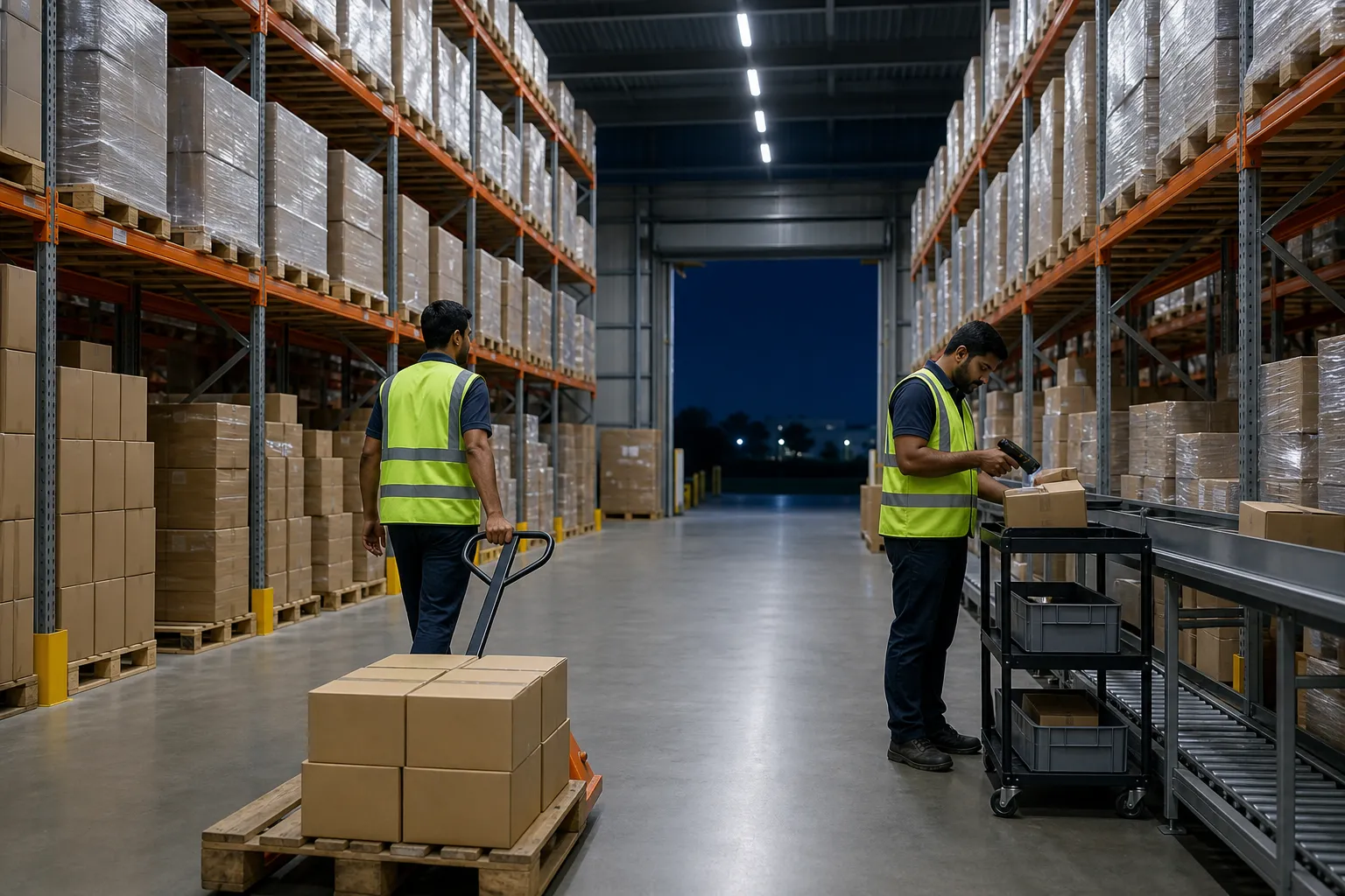 Inside an Indian fulfilment warehouse at night — workers sorting parcels under bright LED lights while the sky outside the dock door is fully dark.