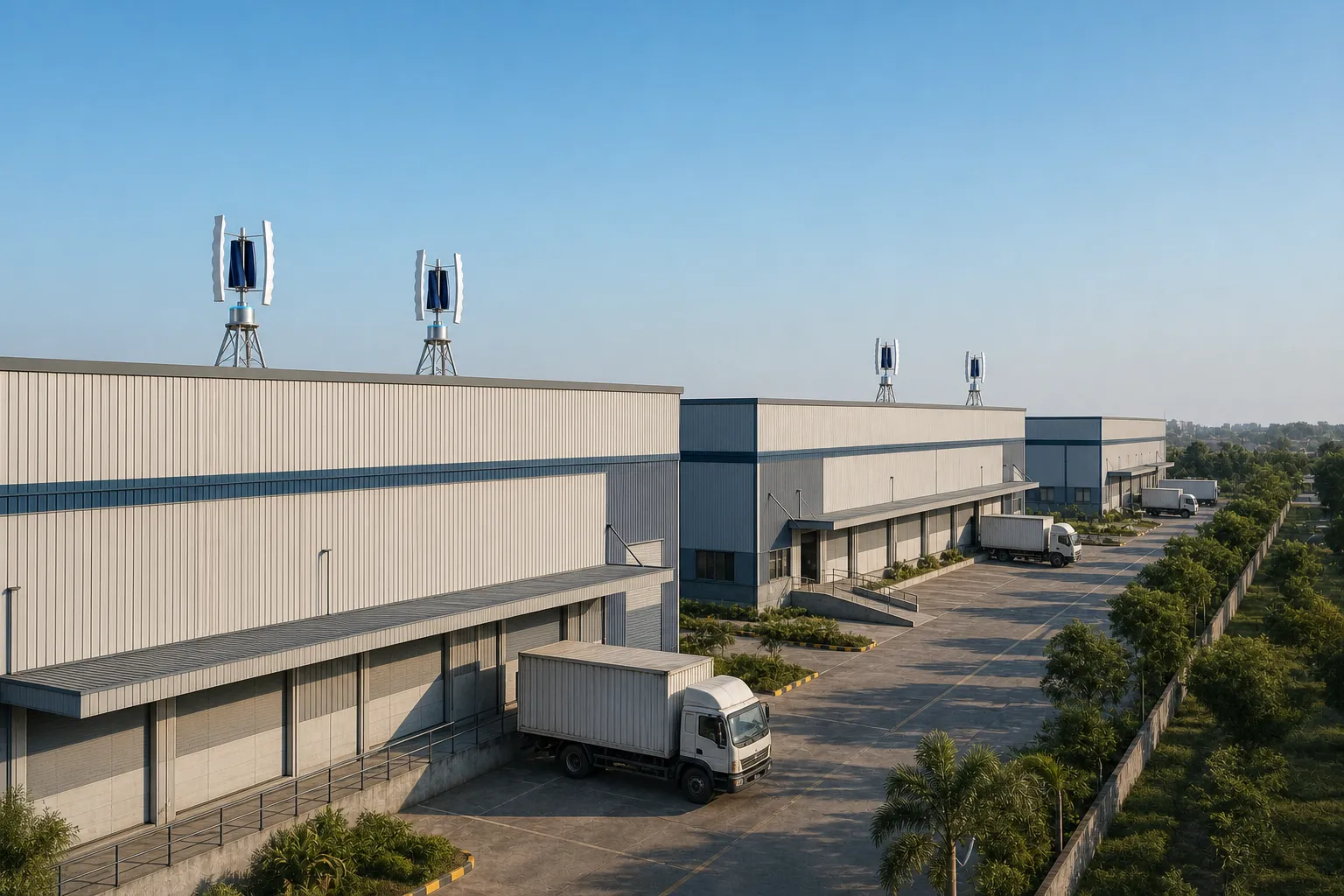 A modern Indian logistics park with GIVARA ONE wind machines on two warehouse rooflines, an internal park road and box trucks at the dock doors below.