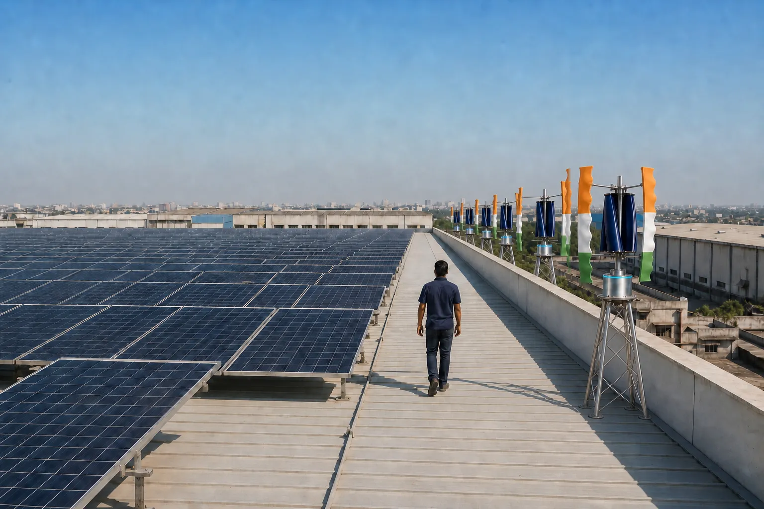 A row of GIVARA ONE wind machines in tricolour livery along the parapet of a vast warehouse roof, a large solar array covering the main surface, a technician walking between them.
