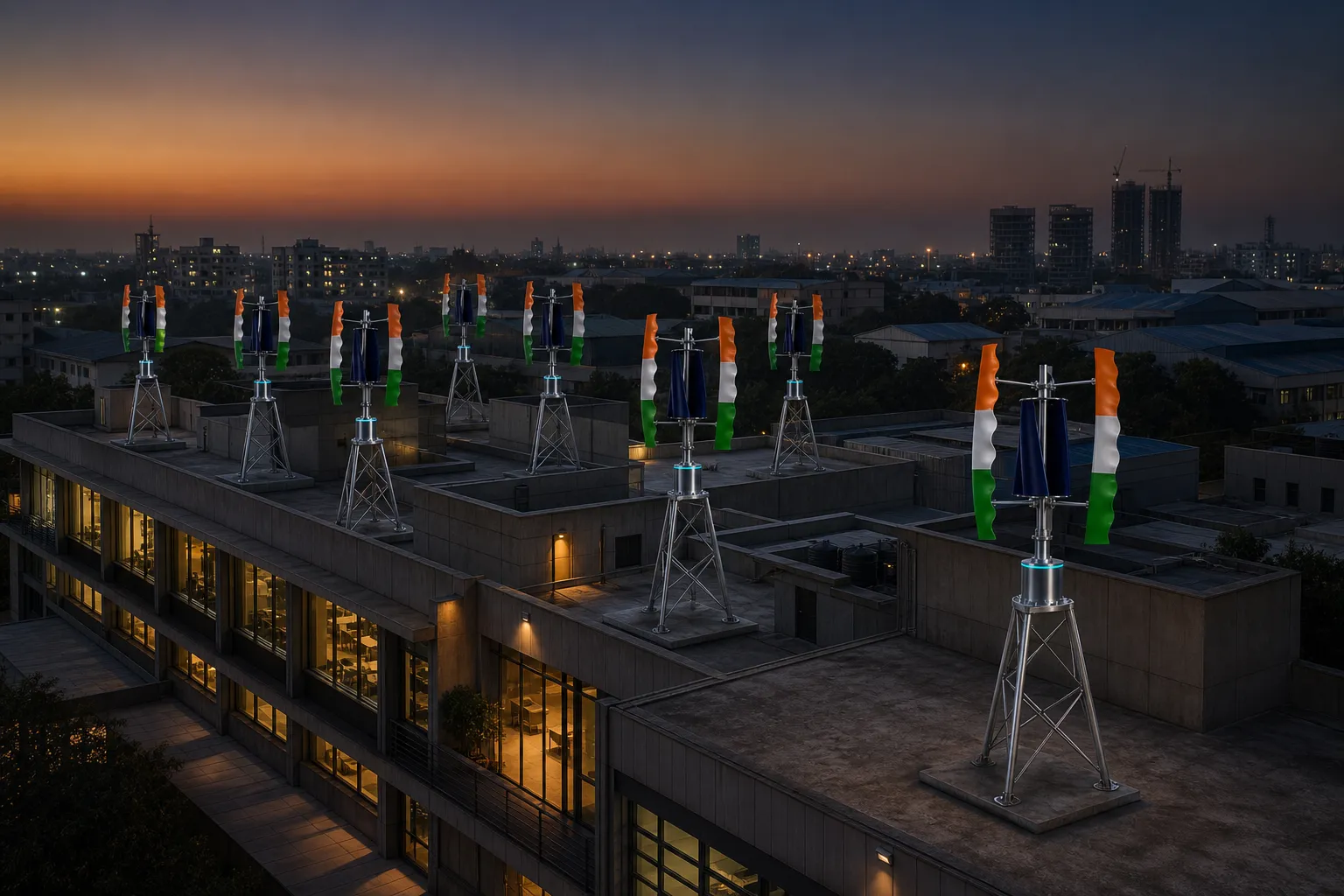 A farm of tricolour rooftop wind turbines — GIVARA ONE machines — across the connected rooftops of an Indian business campus at dusk.