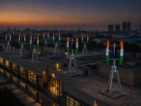 A farm of tricolour rooftop wind turbines — GIVARA ONE machines — across the connected rooftops of an Indian business campus at dusk.