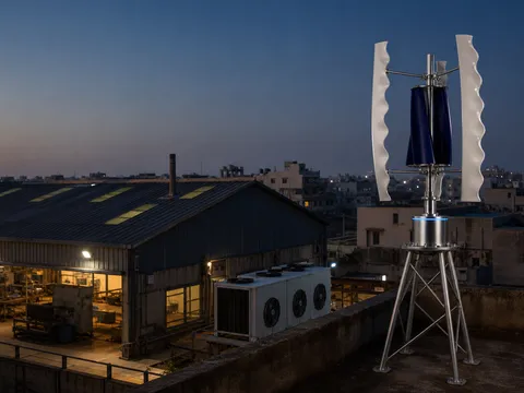 GIVARA ONE above a factory compound at dusk, with a lit workshop shed and cold-storage condenser units below.