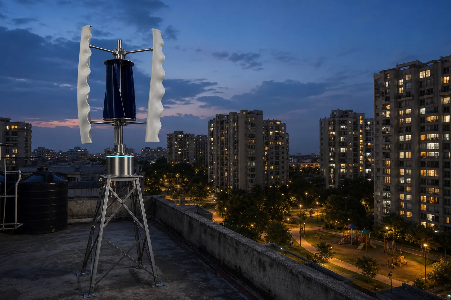 GIVARA ONE on its lattice stand at the corner of a housing society terrace at dusk, the water tank beside it and the compound's lit walking paths and playground below.